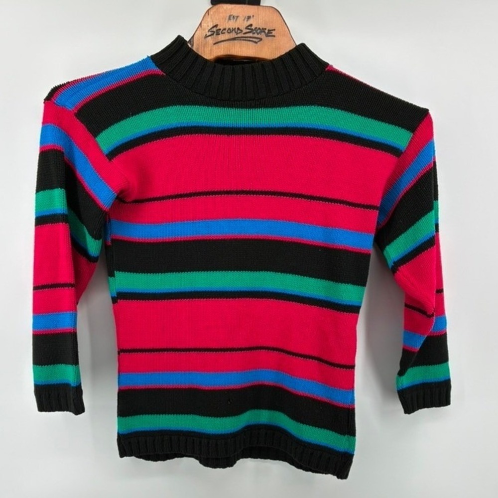 VNTG 90's Croquet Club Striped Mock Neck Sweater Pink Blue Green Black USA Made - Picture 2 of 10